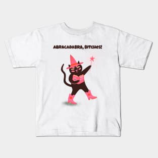 Abracadabra bitches! Cute witchy black cat illustration Kids T-Shirt